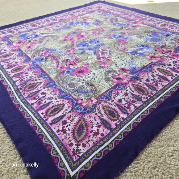 Wool Scarf Lightweight Pink Purple Floral - Picture 9 of 13